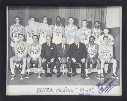 1959-60 Boston Celtics Team Signed 11x14" Original Photo with 13 Signatures Including Bill Russell, Auerbach, and Cousy from Bill Sharmans Personal Collection (Beckett)